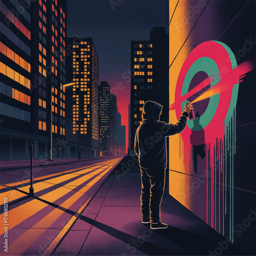 Urban Street Artist Creating Vibrant Neon Graffiti on City Wall at Night – Modern Urban Art, Nightlife, Downtown Skyline Illustration