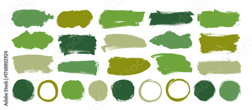 Organic brush drawn circle tag, green horizontal brush stokes and underlines. Eco label design, organic badges and stickers for eco-friendly graphics, handmade ecology products.