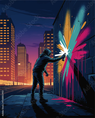 Urban Street Artist Creating Vibrant Graffiti Mural at Night, Colorful Spray Paint Art on City Wall, Modern Cityscape Illustration