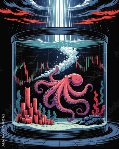 Vibrant Octopus in Futuristic Aquarium with Stock Market Graphs, Financial Data, and Coral Reef Illustration
