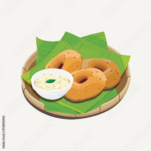 Vector Illustration of Indian Snack, Vada or Vadai with chutney served with banana leaves on bamboo plate 