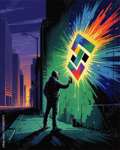 Vibrant Urban Street Art Graffiti at Night – Hooded Artist Spraying Colorful Geometric Mural on City Wall, Modern Illustration