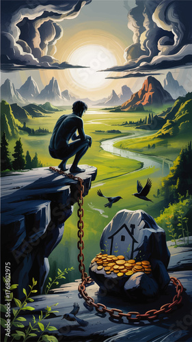 Surreal Concept Art of Man Chained by Wealth and Property on Cliff, Looking Toward Freedom at Sunrise with Birds and Mountain Landscape
