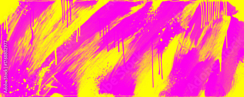 Neon pink yellow distressed punk background with graffiti paint drips. Spraypaint bg with punk neon aerosol texture and urban street art halftone effect for posters or vector urban designs.
