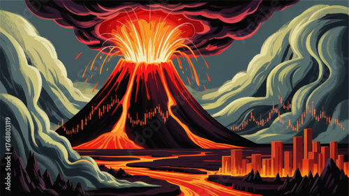 Volcanic Eruption with Fiery Lava Flow and City Skyline, Conceptual Stock Market Volatility, Dramatic Illustration