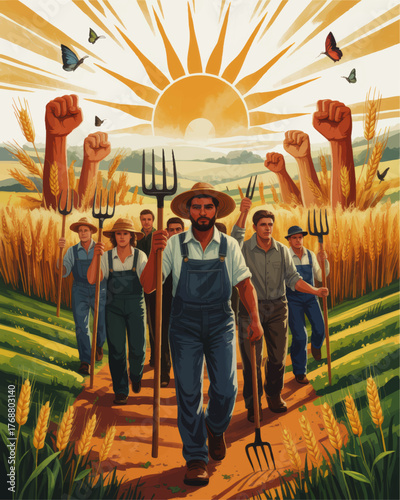 Empowered Farmers Marching in Wheat Field at Sunrise with Raised Fists – Agricultural Revolution, Rural Unity, Protest Art