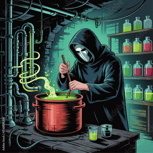 Mysterious Hooded Alchemist Brewing Magical Potion in Dark Laboratory with Glowing Neon Fluids and Steampunk Elements – Vector Illustration