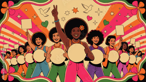 Retro Feminist Protest Illustration – Diverse Women Marching with Signs, Peace, Unity, Empowerment, Vibrant 70s Style Art