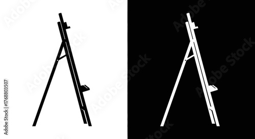 A minimalist graphic illustration of a painter's easel, shown as a black silhouette and its white inverse.