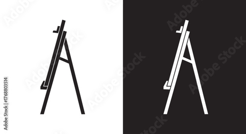 A minimalist black and white icon set featuring a classic artist's easel from a side profile view.