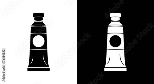 A simple black and white icon of an artist's paint tube, shown in both positive and negative silhouette versions.