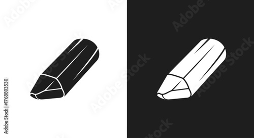 A minimalist black and white illustration of a triangular chalk stick, presented in two color variations.