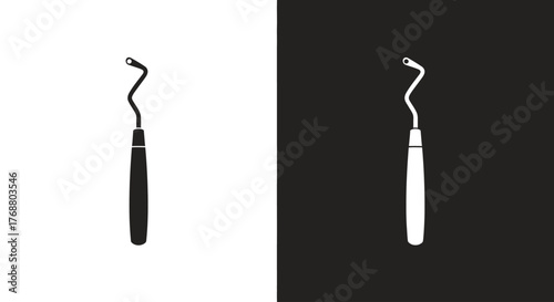 Black and white vector icons of a dental explorer probe, a professional instrument for oral health examinations.