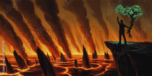 Man Holding Tree Standing on Cliff Over Burning Apocalyptic Landscape with Lava and Smoke – Concept Art for Hope and Survival