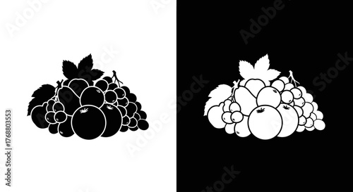 A black and white graphic illustration of a mixed bunch of fresh grapes and assorted berries with leaves.