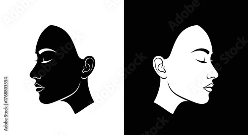 Two contrasting profiles of a woman's face in black and white, symbolizing duality and balance.