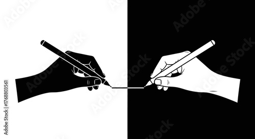 A black hand and a white hand draw a single connecting line on a contrasting split background, symbolizing unity and duality.
