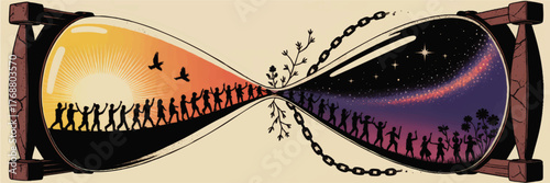 Surreal Hourglass Illustration with Silhouetted People, Day to Night Transition, Broken Chains and Symbolic Hope Concept Art