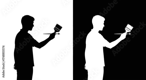A split image showing contrasting black and white silhouettes of a man holding a paintbrush.