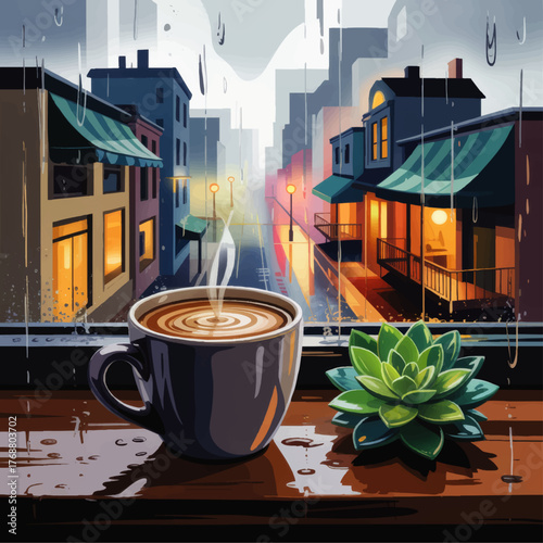 Cozy Coffee Cup and Succulent on Rainy City Windowsill, Warm Urban Morning, Atmospheric Rain Street View Illustration
