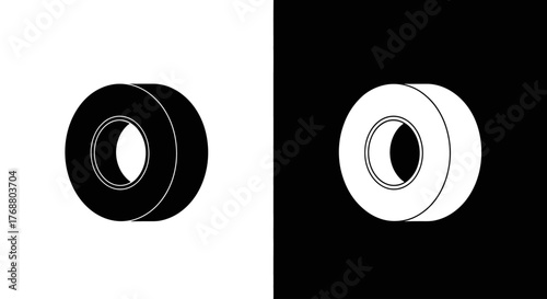 Two minimalist icons of adhesive tape rolls, one black and one white, on a contrasting split background.