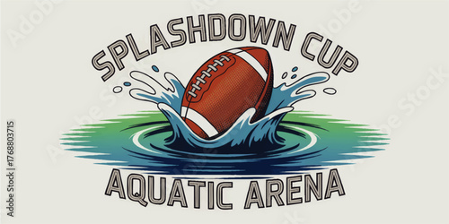 Splashdown Cup Aquatic Arena Logo – American Football Ball Splashing in Water, Dynamic Sports Event Badge Illustration