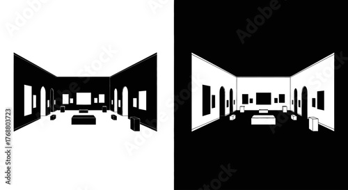 A minimalist black and white graphic illustration of a room interior in positive and negative space.