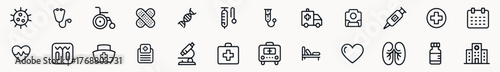 Medical healthcare line icon set with stethoscope thermometer syringe pill ambulance hospital dna and health chart vector minimal black outline design