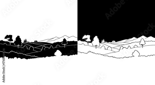 A minimalist black and white illustration of a rural landscape, split into positive and negative versions.