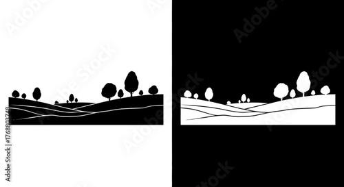 Minimalist graphic design of a rural landscape with rolling hills and trees, presented in black and white inverse versions.