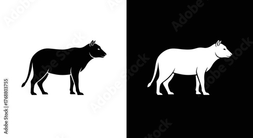 A minimalist graphic illustration of a Tasmanian devil silhouette, presented in both black on white and white on black versions.