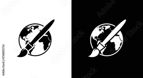 A monochromatic icon of a paintbrush over planet Earth, symbolizing global art, creativity, and design worldwide.