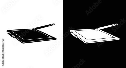 A minimalist black and white illustration of a graphics tablet with a stylus, shown in positive and negative versions.