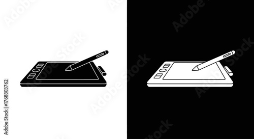 A graphic tablet with a stylus pen, depicted in two monochrome versions: a black silhouette and a white outline.