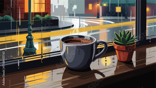 Cozy Coffee Shop Window View with Cup of Coffee and Succulent on Rainy Urban Street, Warm Interior, Modern Vector Illustration