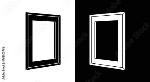 A minimalist graphic of two contrasting empty picture frames on a split black and white background.