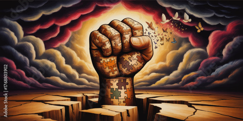 Powerful Fist Rising from Cracked Earth as Puzzle, Symbolic Hope and Unity, Butterflies and Birds Flying, Surreal Colorful Clouds