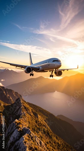 Commercial airplane in flight over scenic mountain range and reflective lake during golden hour with blue sky and clouds.