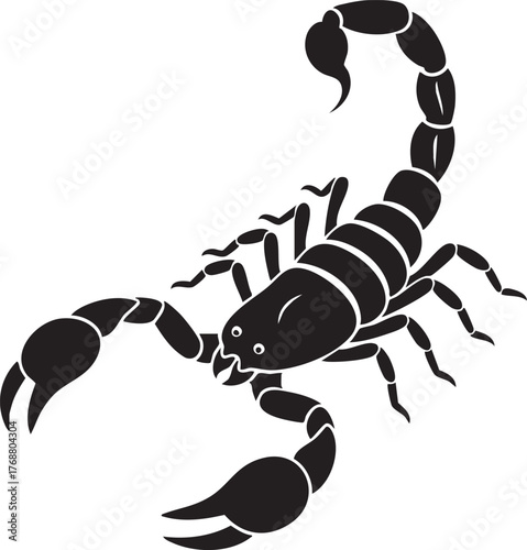 A striking illustration of a scorpion, showcasing its formidable pincers and segmented tail, set against a plain background