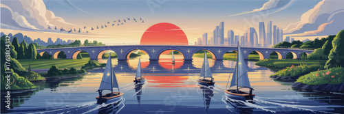 Serene River Sunset with Sailboats, Arched Bridge, City Skyline and Birds – Vibrant Vector Landscape Illustration for Travel and Nature Concepts