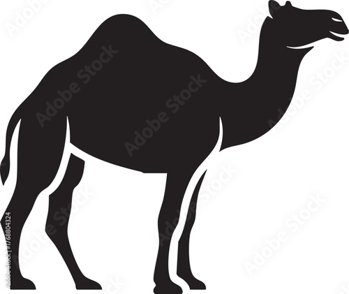 A clean and bold black silhouette of a one-humped dromedary camel standing, presented as a versatile vector graphic icon