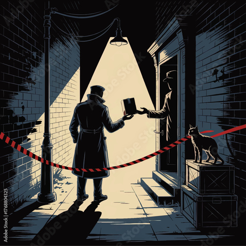 Noir Detective Alleyway Secret Exchange Illustration with Shadowy Figures, Cat, and Dramatic Lighting for Mystery Story Concepts