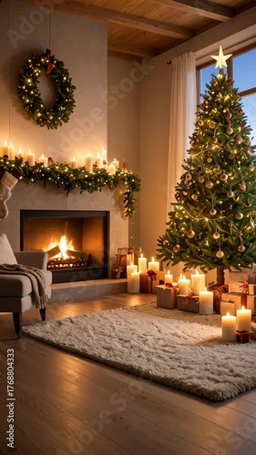 Cozy living room decorated for Christmas with a decorated tree, wreath above fireplace, burning fire and soft candlelight.