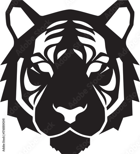 A bold vector graphic of a stylized tiger head in monochrome. This fierce feline face works as a powerful icon, emblem, or mascot design