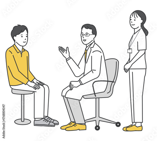 患者を診察する医者と看護師のシンプルイラスト素材
