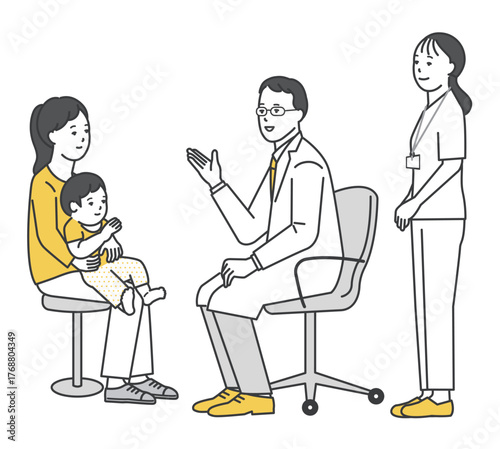 患者を診察する医者と看護師のシンプルイラスト素材