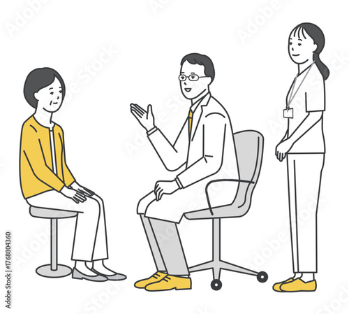 患者を診察する医者と看護師のシンプルイラスト素材