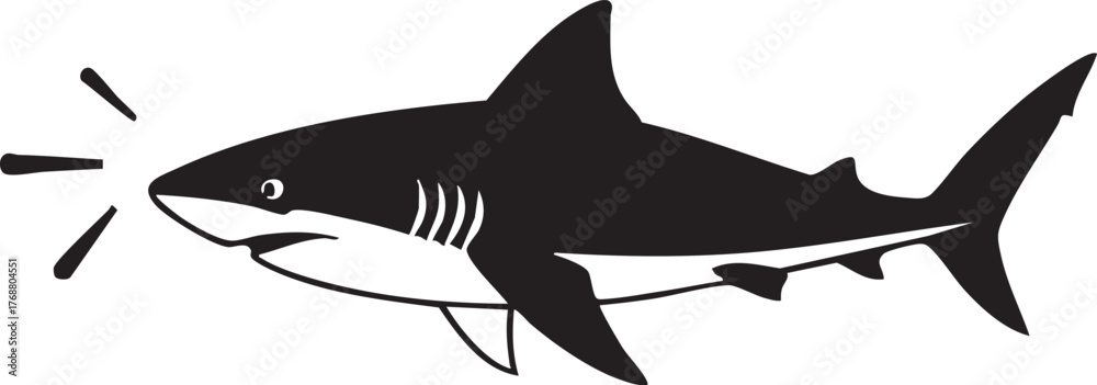 Obraz premium Illustration of a shark in black and white, with its mouth open and emitting sound waves, suggesting it is calling out or communicating