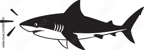 Illustration of a shark in black and white, with its mouth open and emitting sound waves, suggesting it is calling out or communicating