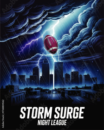 Dramatic Night Football Poster with Lightning Storm Over City Skyline, Dynamic Sports Theme, Storm Surge Night League